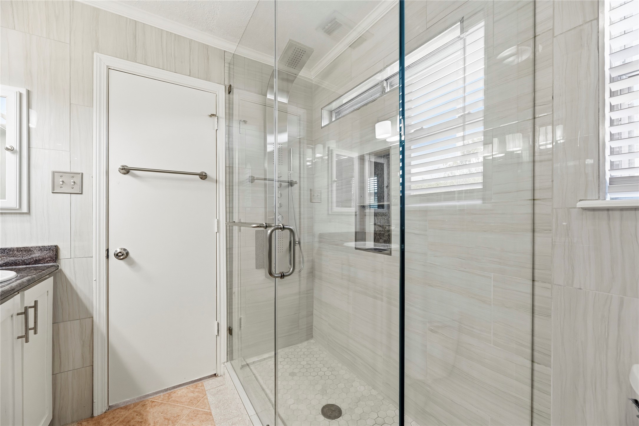 Oversized frameless shower in the primary.