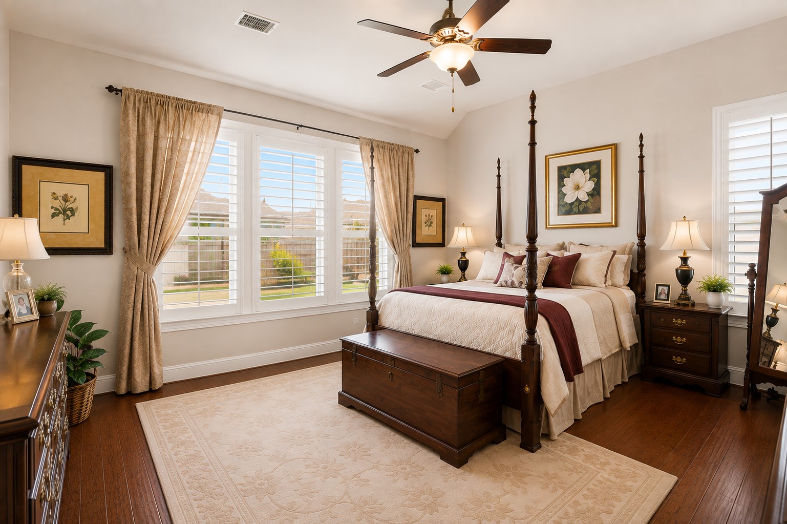 The primary bedroom offers a private en-suite bath with a custom walk-in closet, wood flooring and plantation shutters