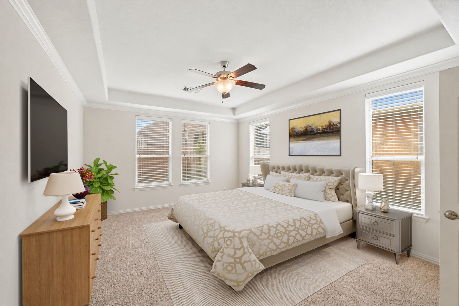 Virtually Staged: This peaceful main bedroom boasts generous layout dimensions with dual-aspect windows that fill the space with warmth and light.