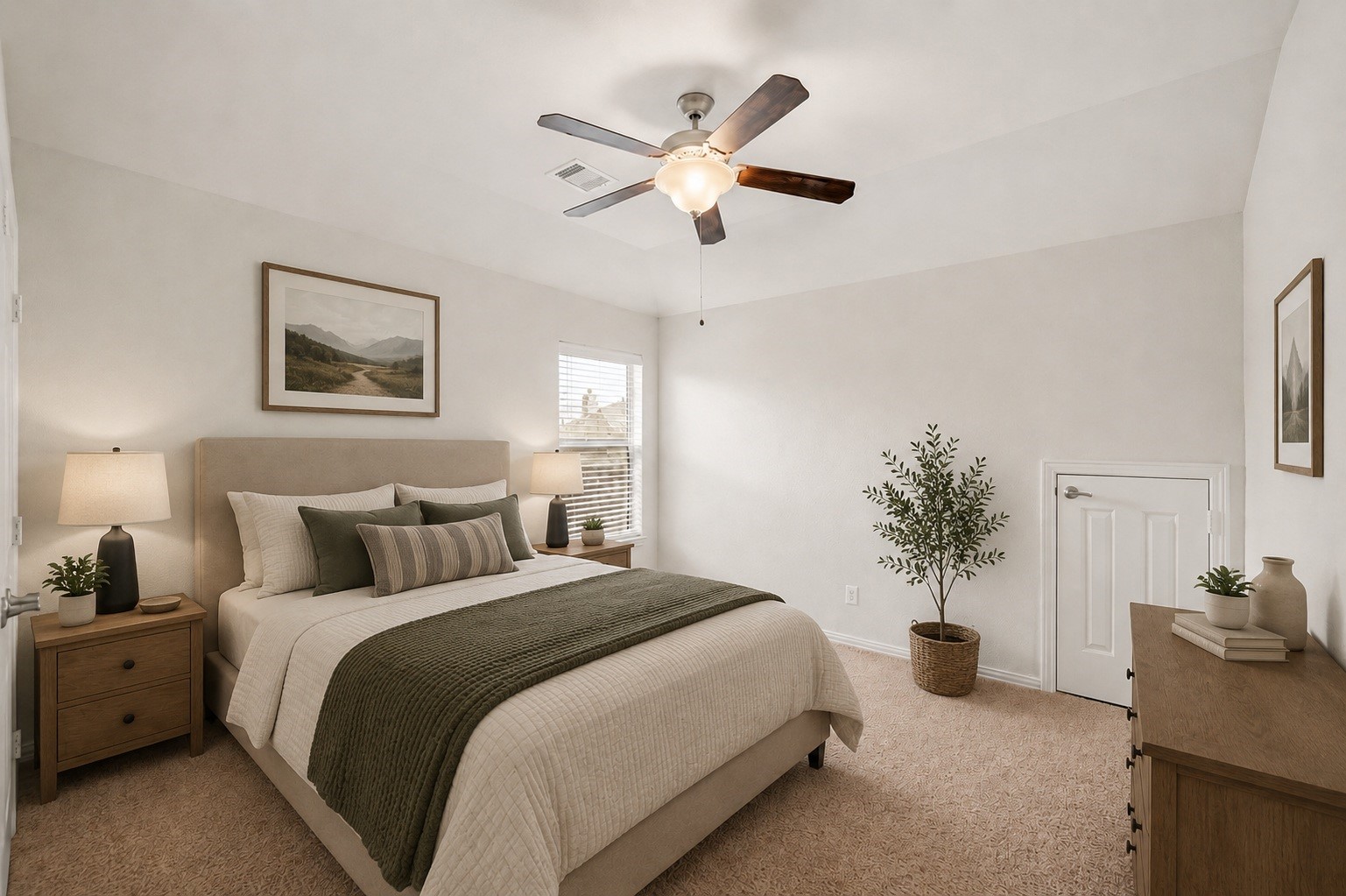 Virtually Staged: Welcome to a comfortable secondary bedroom highlighting elevated tray ceilings, soft carpeting, and a cooling ceiling fan.