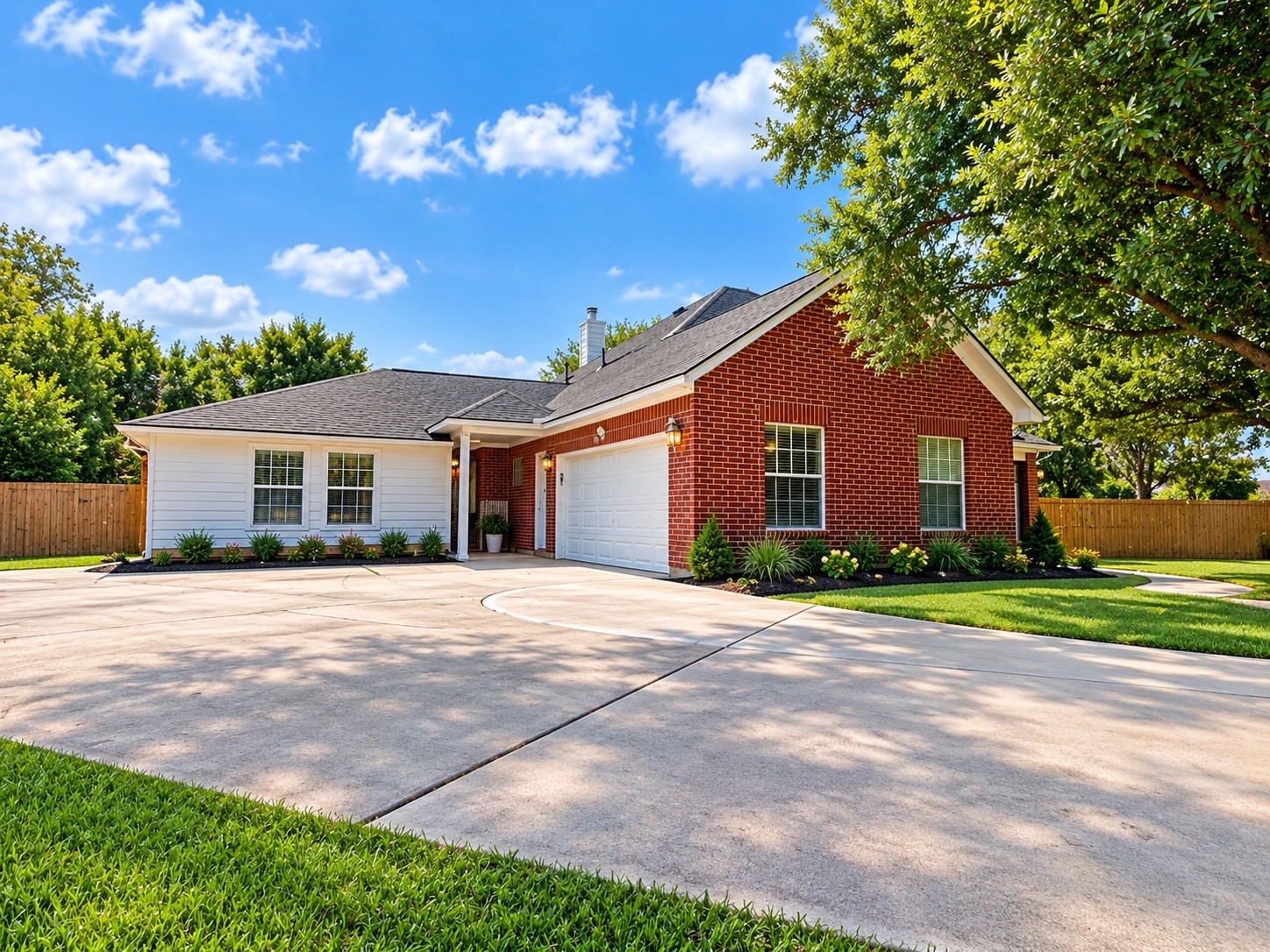 Charming two-story home with a striking red brick facade and a spacious driveway, surrounded by lush greenery and mature trees for added privacy. Landscaping virtually added for appeal.