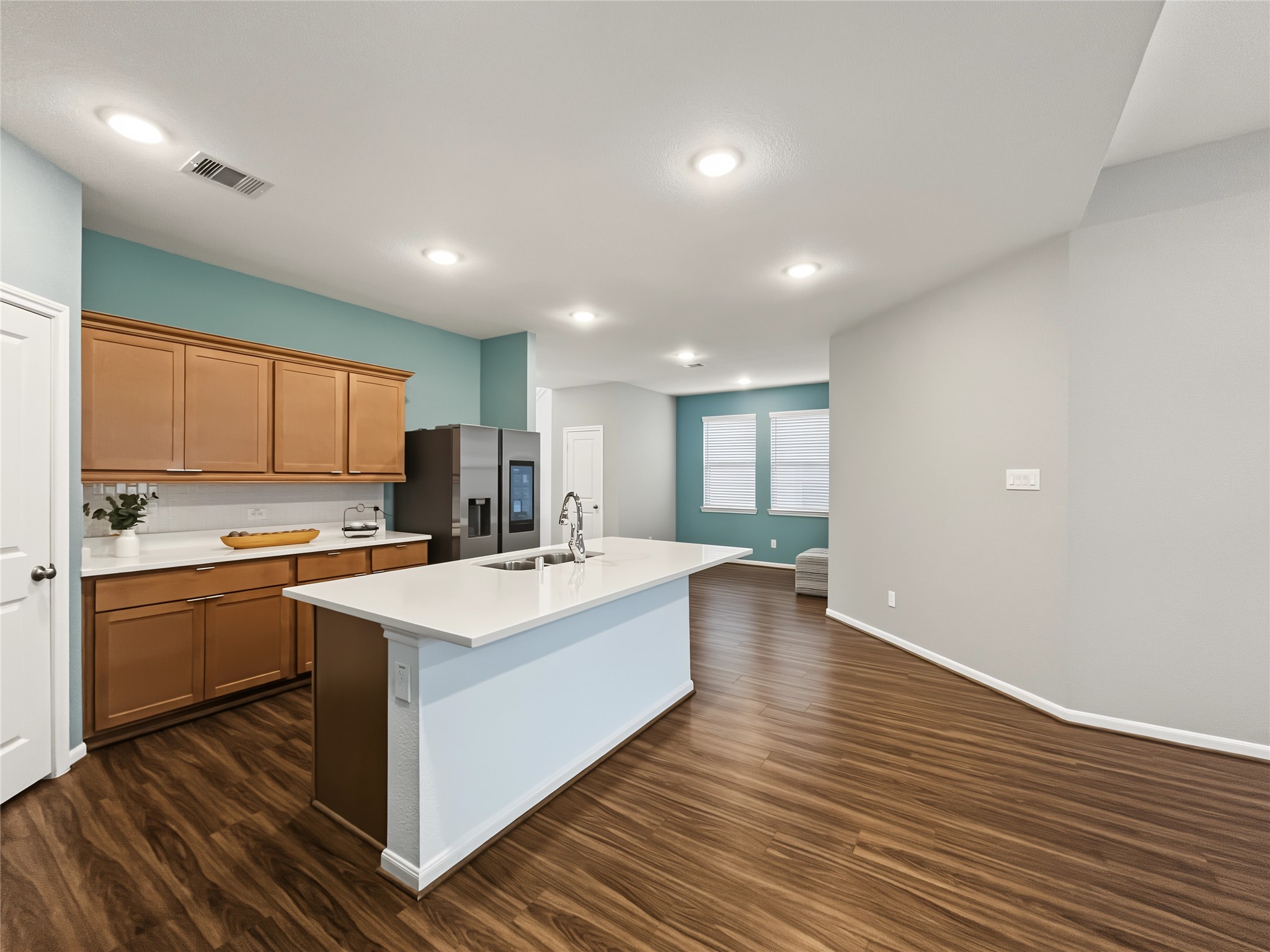 View from the kitchen to the dining room.