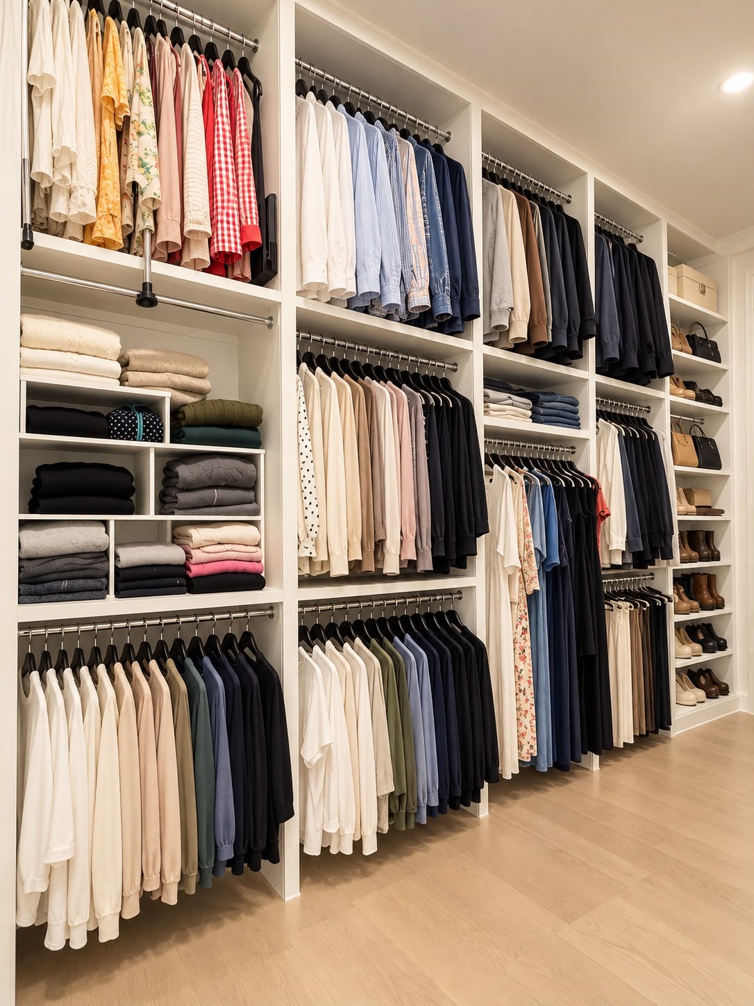 Custom walk-in closet with extensive built-in shelving, hanging space, and organized storage for clothing, shoes, and accessories.
