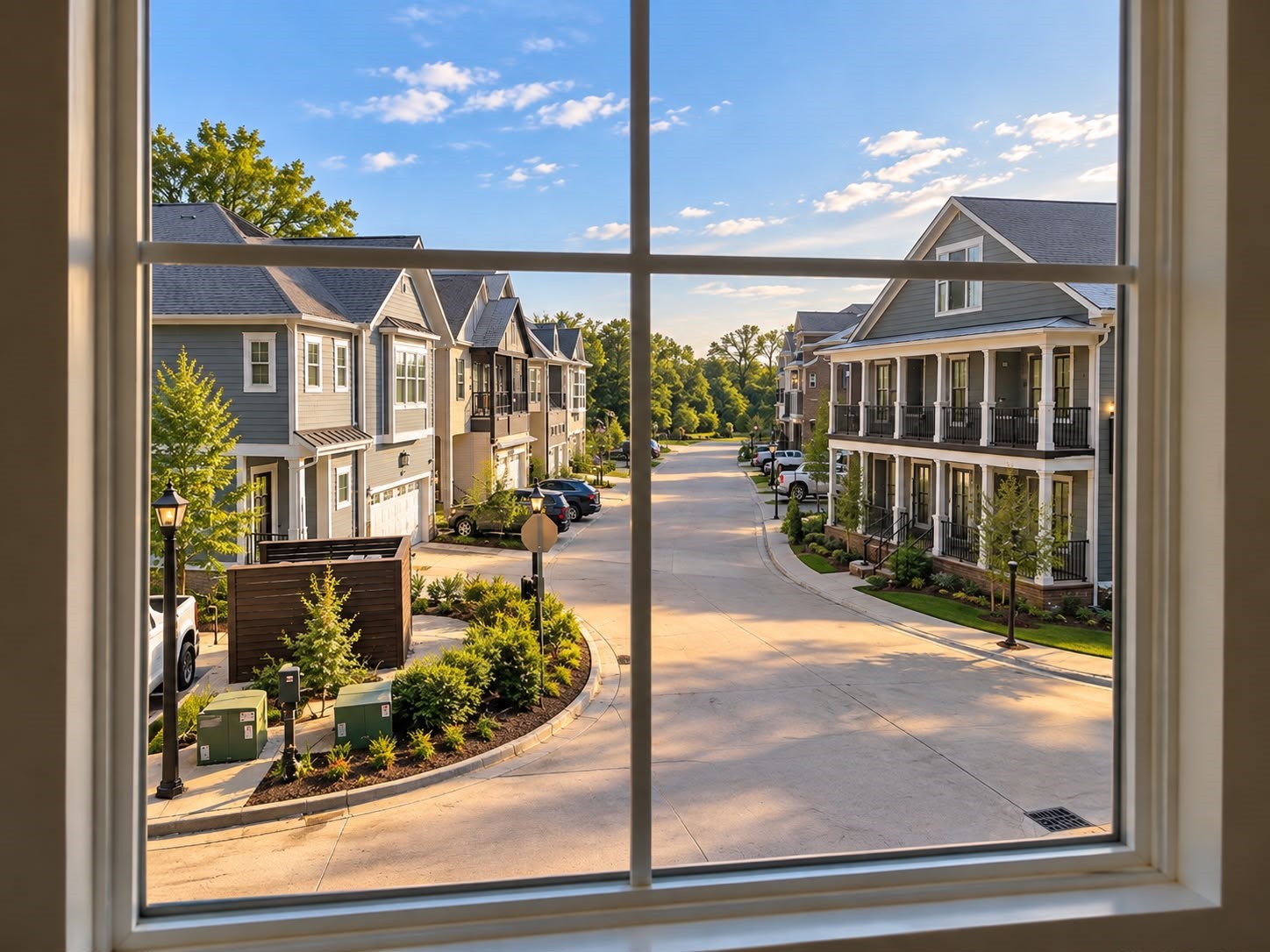 Scenic neighborhood view through a large window, showcasing attractive homes, landscaped streets, and mature greenery.