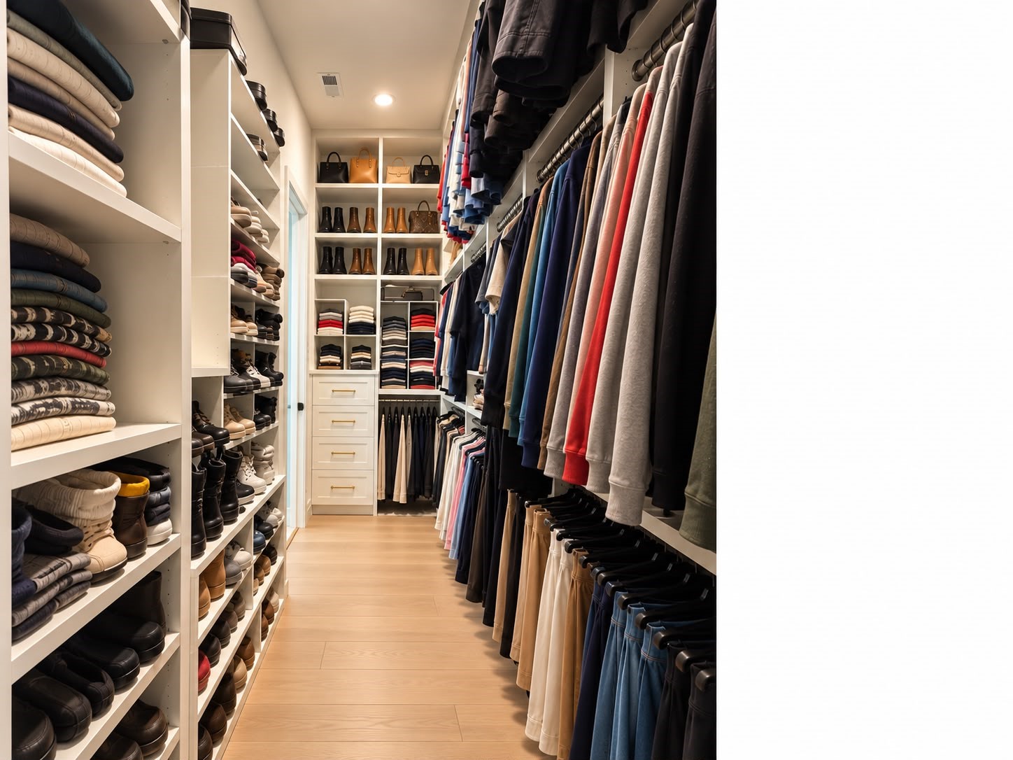 Walk-in closet with custom built-in shelving, hanging racks, drawers, and ample storage for clothing, shoes, and accessories.