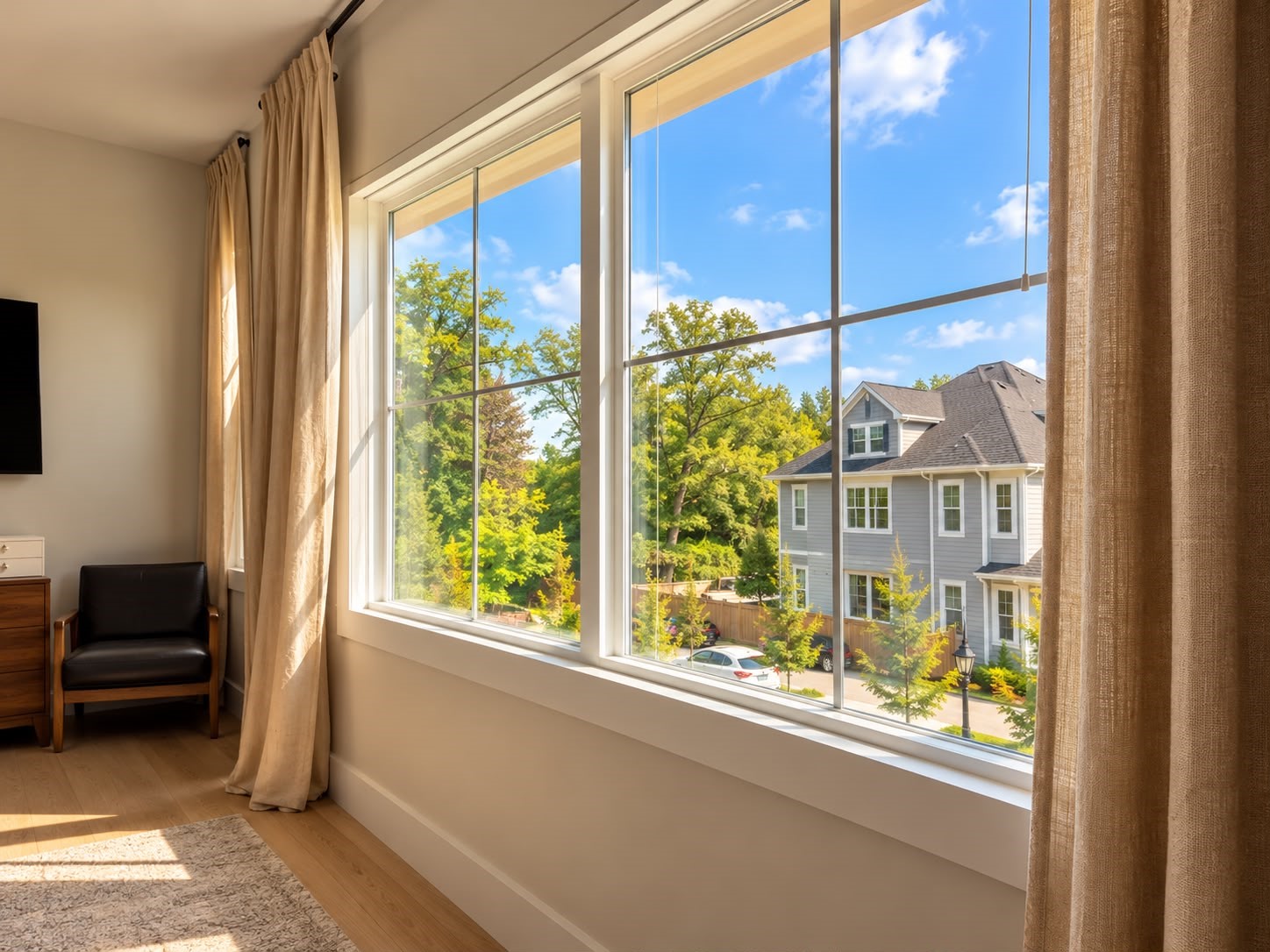 Bright bedroom with large windows, neutral curtains, and abundant natural light overlooking the surrounding neighborhood.