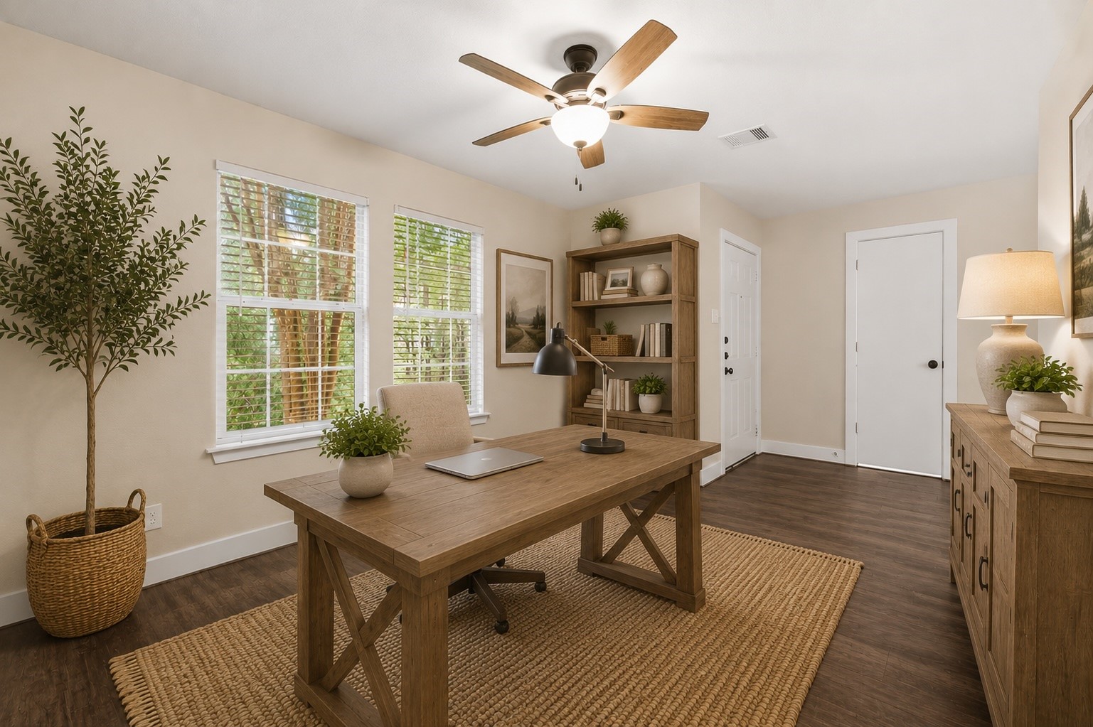 Flex room virtually staged as a home office.