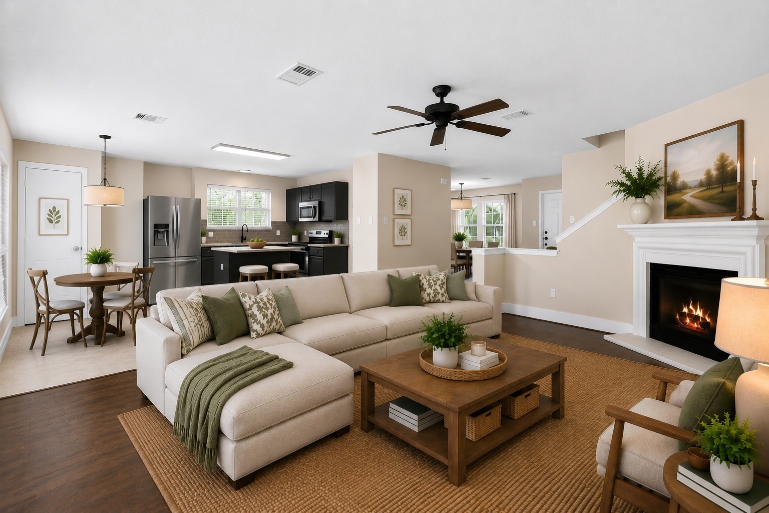 Virtually staged living and kitchen areas