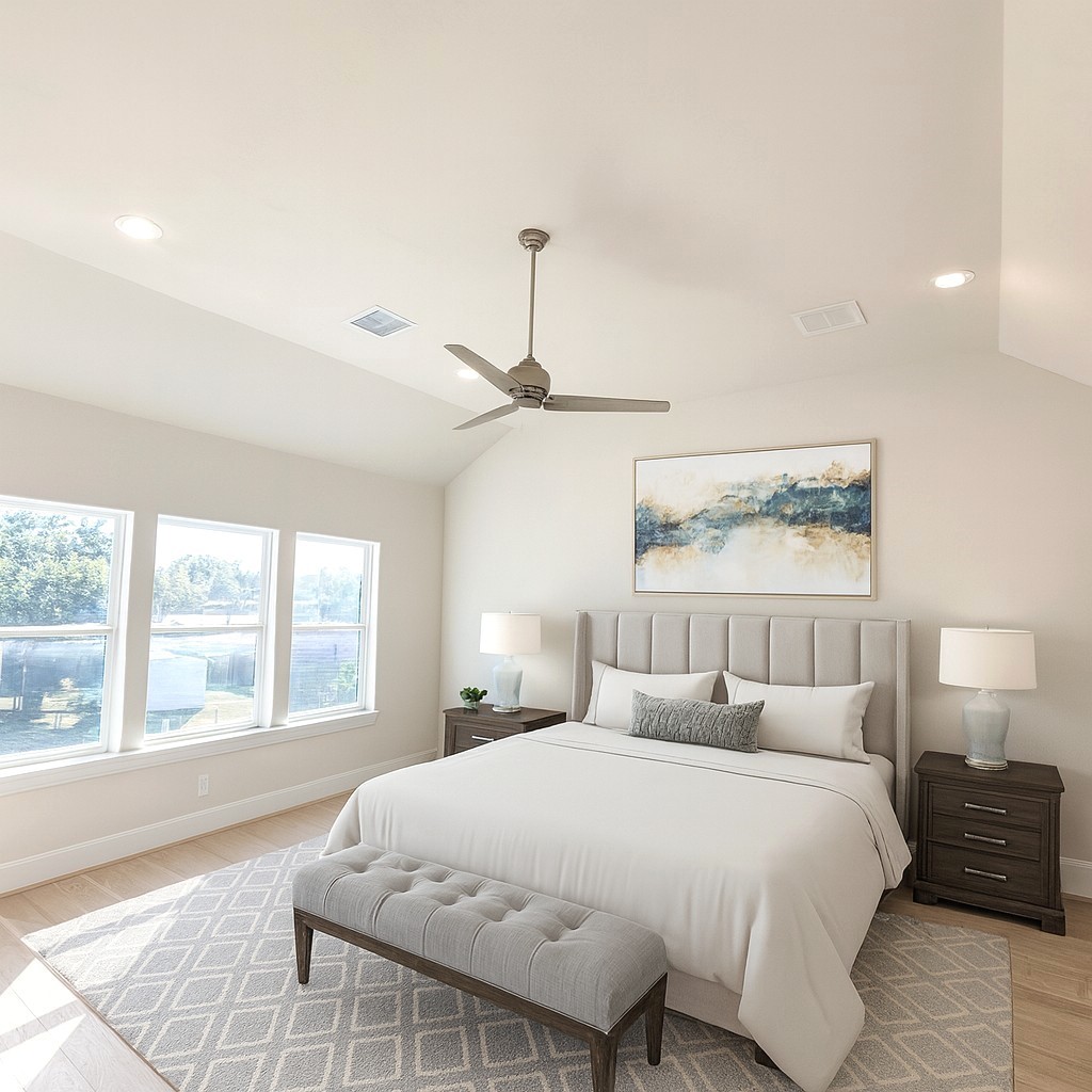 Vaulted Ceilings in the Primary Bedroom. Wide Plank Wood Flooring. (picture was virtually staged) Vaulted Ceilings in the Primary Bedroom. Wide Plank Wood Flooring. (picture was virtually staged)