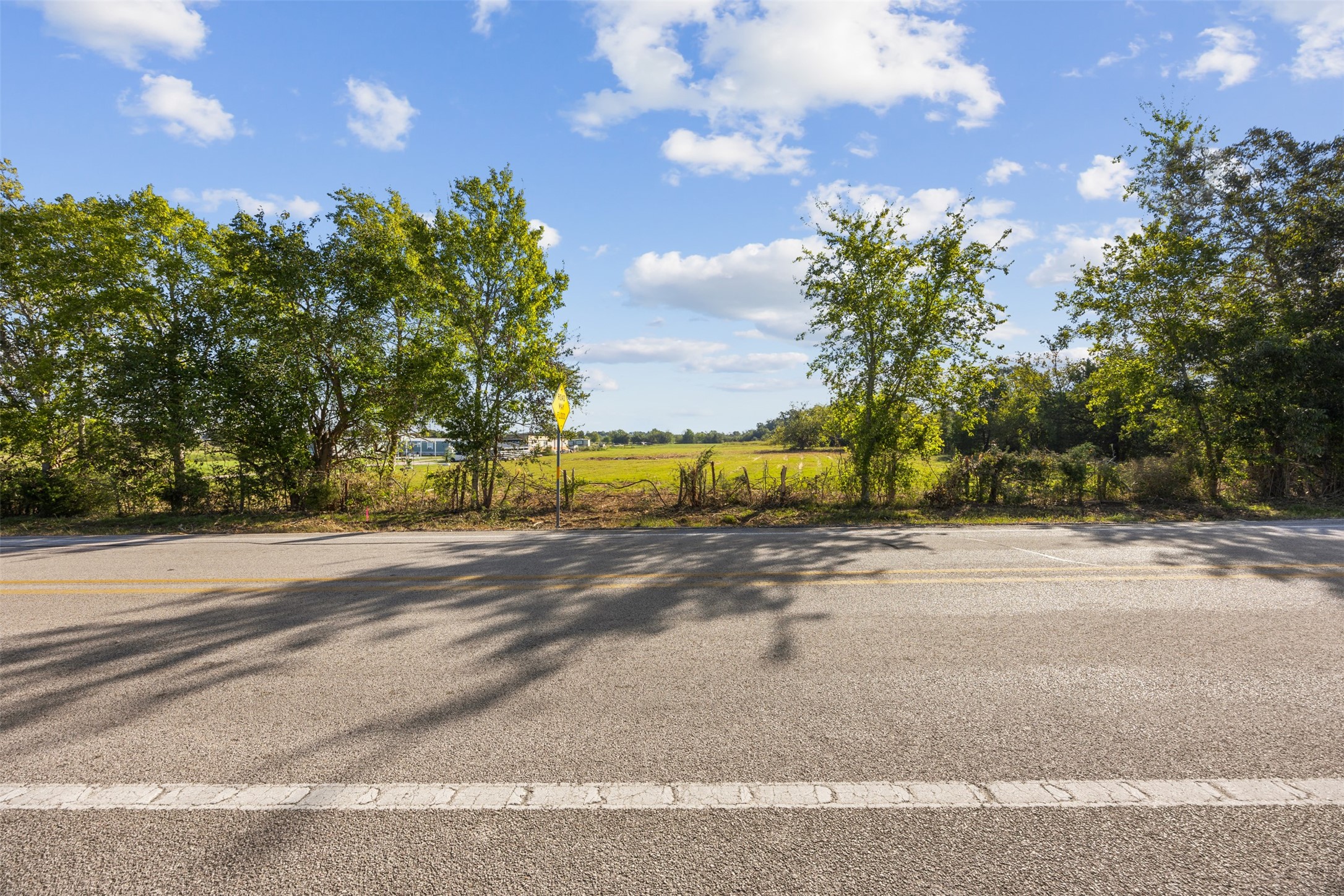 A view from FM 1887 looking east across the property, offering a glimpse of the cleared landscape nestled between established trees along the roadside. A view from FM 1887 looking east across the property, offering a glimpse of the cleared landscape nestled between established trees along the roadside.