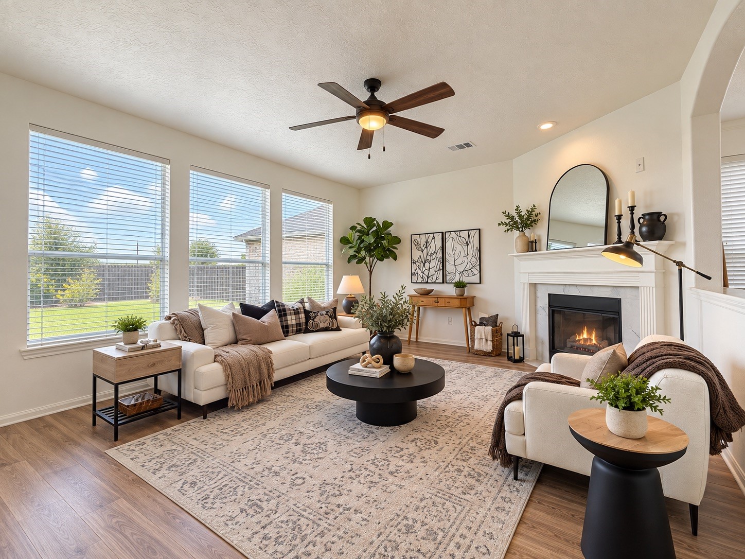 Bright and inviting family room with large windows, tons of natural lighting, and elegant modern decor.