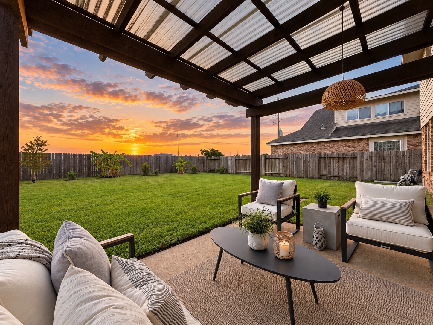Serene patio perfect for sunset views and outdoor relaxation.