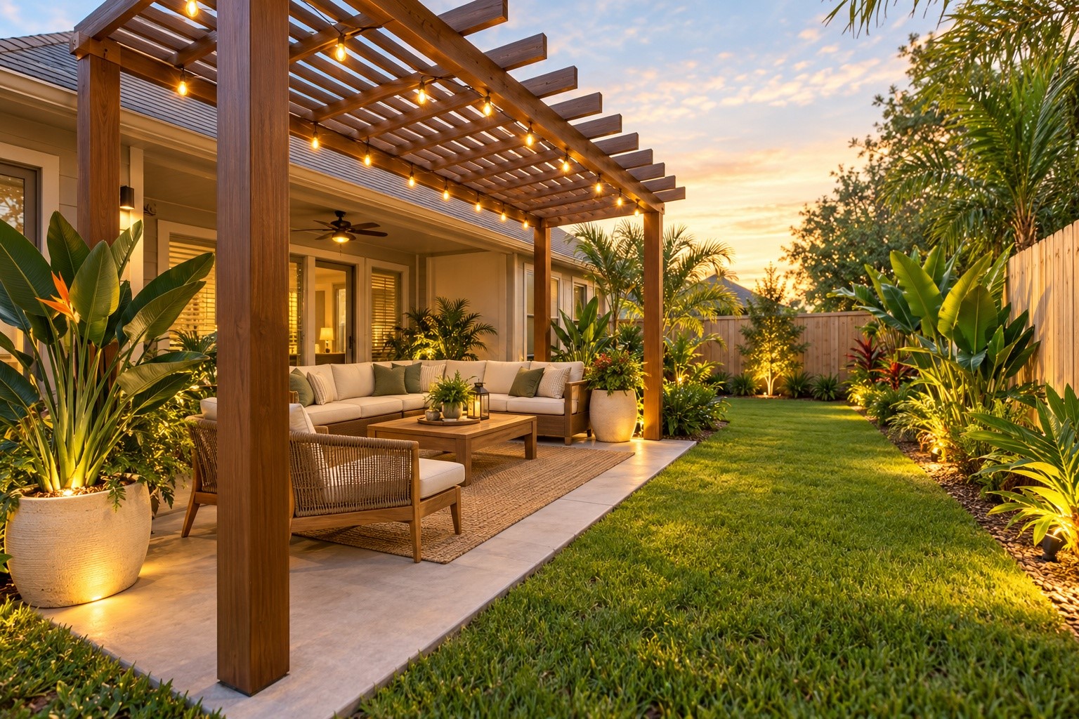 Enjoy outdoor living in this inviting backyard retreat featuring a covered patio and wood pergola, perfect for relaxing and entertaining. Virtually staged image for illustrative purposes only; furnishings and landscaping enhancements may not reflect the property's current condition.