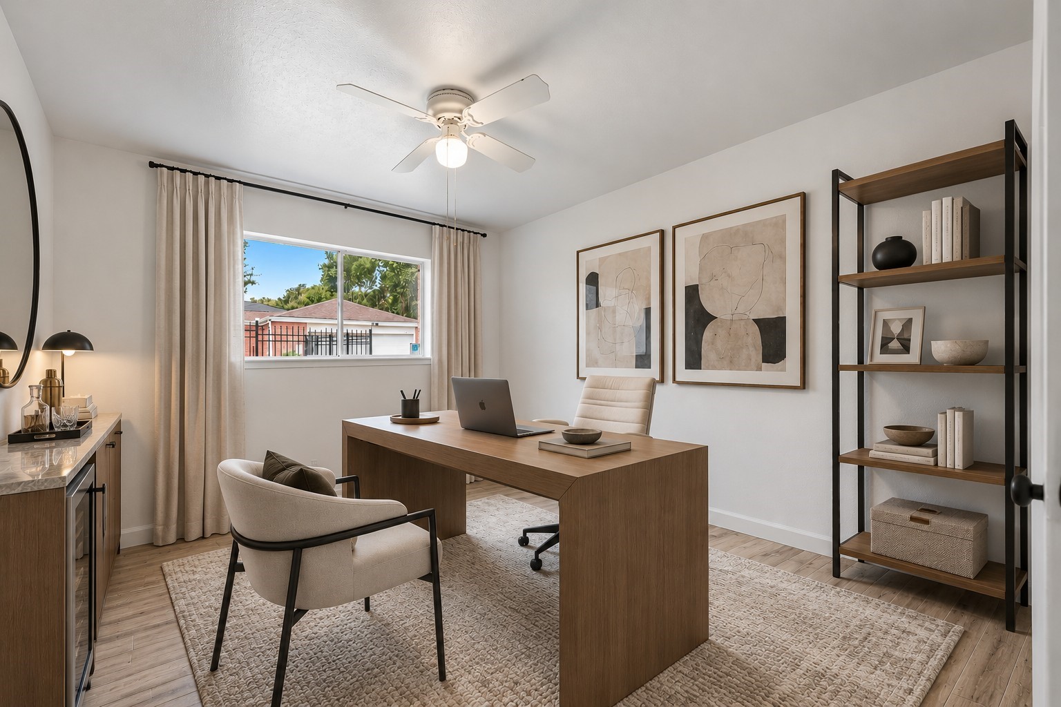 Virtually Staged: This versatile flex space is designed to effortlessly adapt to your lifestyle, whether utilized as an inspiring executive home office, a private study, or a restful guest bedroom.