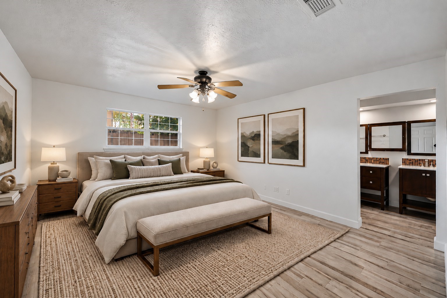 Virtually Staged: Designed with generous proportions and effortless flow, this tranquil primary suite provides plenty of breathing room to unwind. A central lighting fixture illuminates the room, complementing the natural light that filters in through the exterior window.