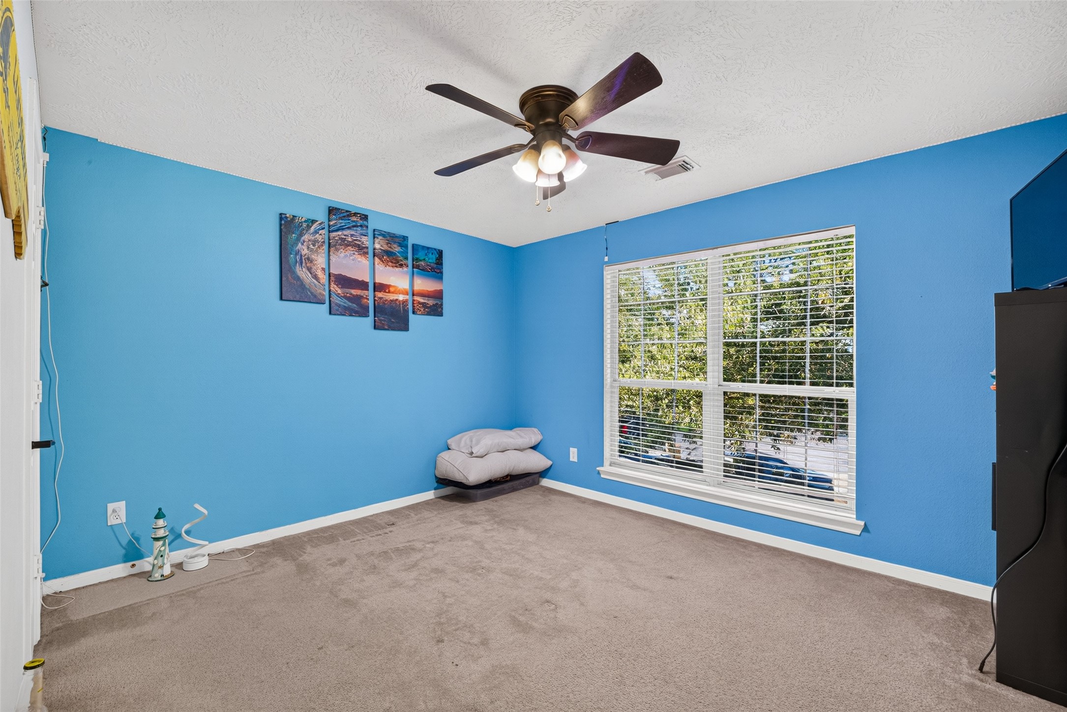 Quiet carpeted bedroom  a cozy retreat.