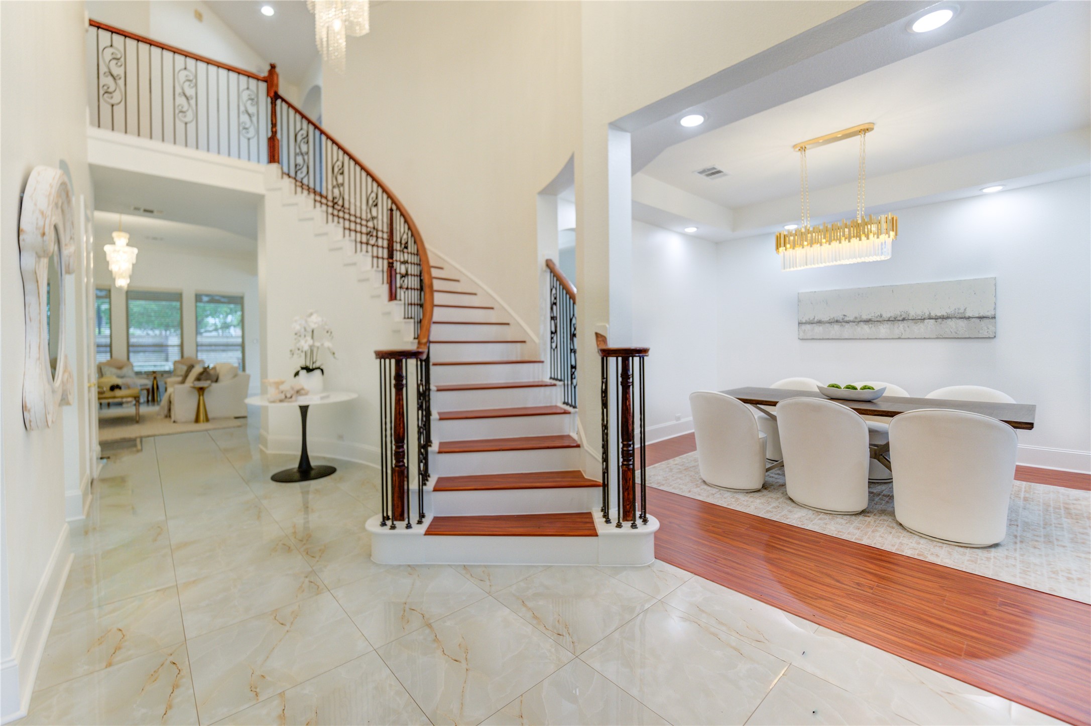 Step into a fully renovated first floor, beautifully introduced by a grand double-story entryway. Step into a fully renovated first floor, beautifully introduced by a grand double-story entryway.