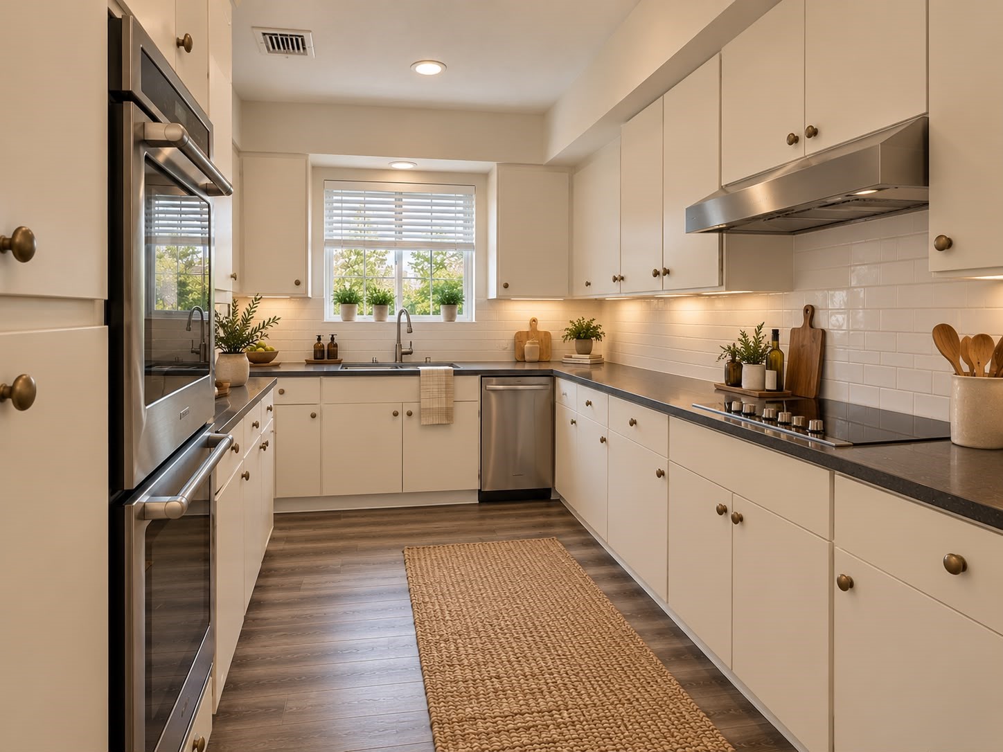 Bright kitchen featuring white cabinetry, stainless steel appliances, modern lighting, and ample counter space. Bright kitchen featuring white cabinetry, stainless steel appliances, modern lighting, and ample counter space.