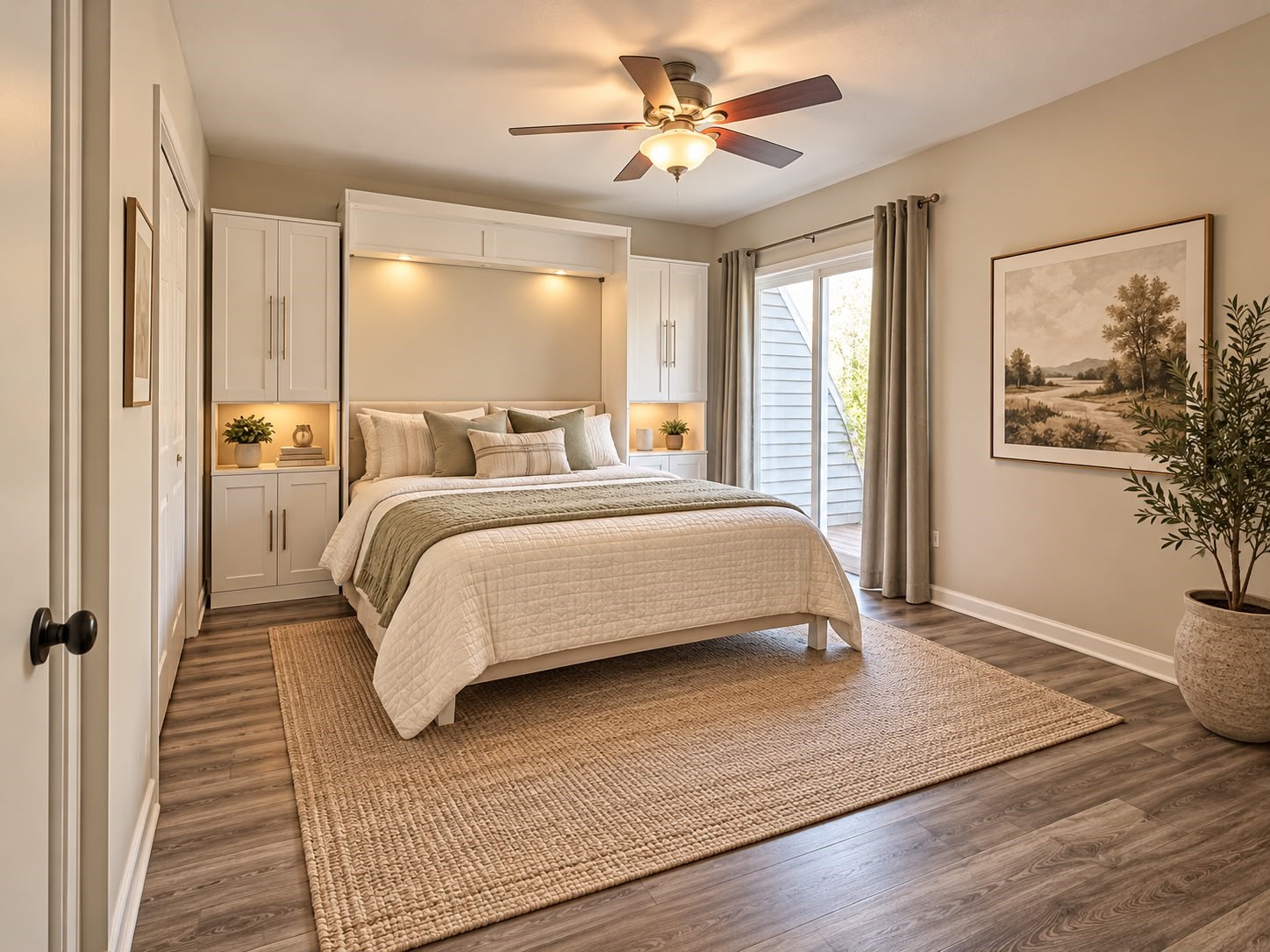Inviting primary suite with built-in cabinetry, accent lighting, and access to the outdoors. Inviting primary suite with built-in cabinetry, accent lighting, and access to the outdoors.