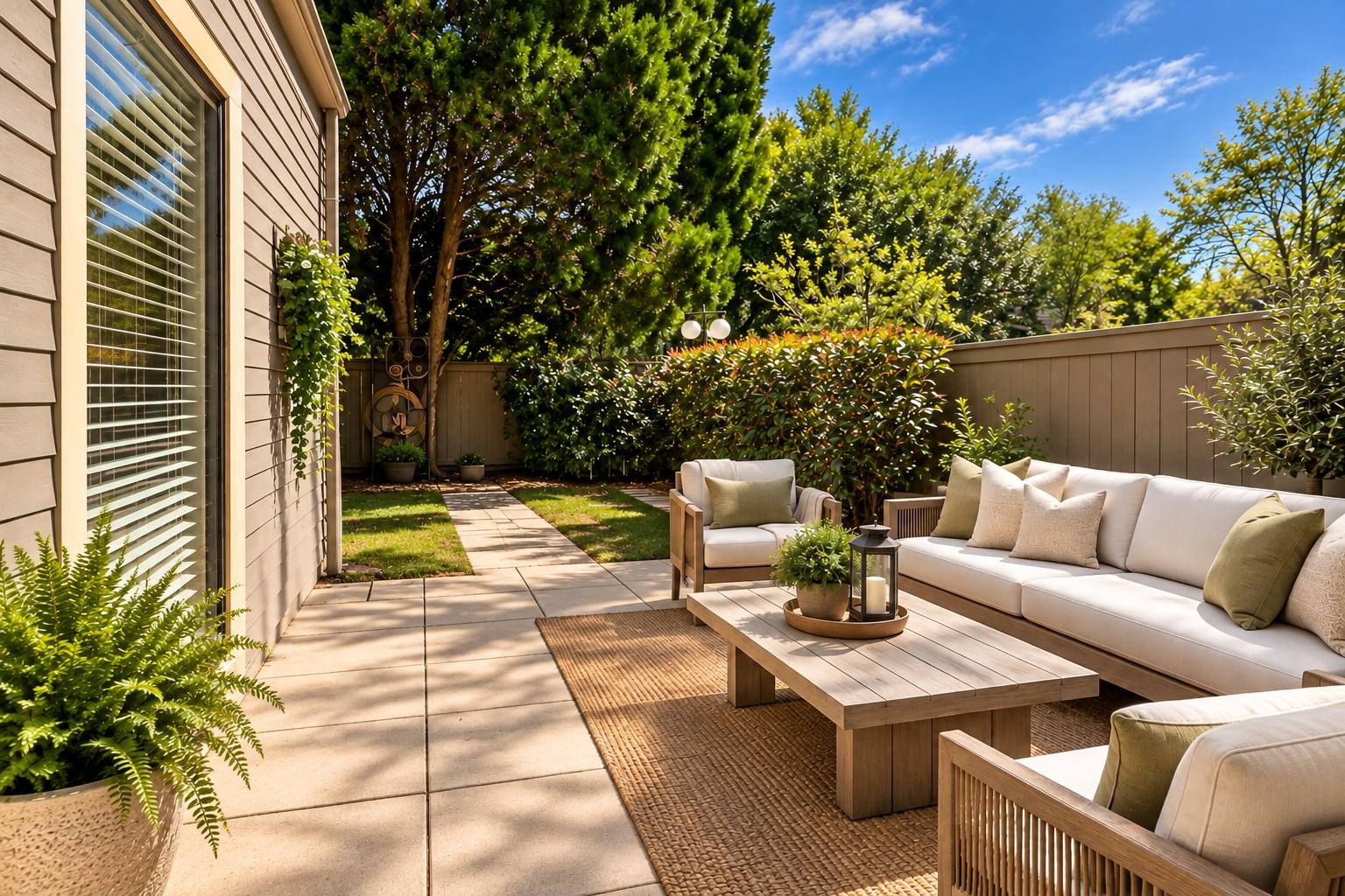 Private, fenced backyard with a paved patio, mature-  greenery, and an inviting outdoor seating area. virtually staged