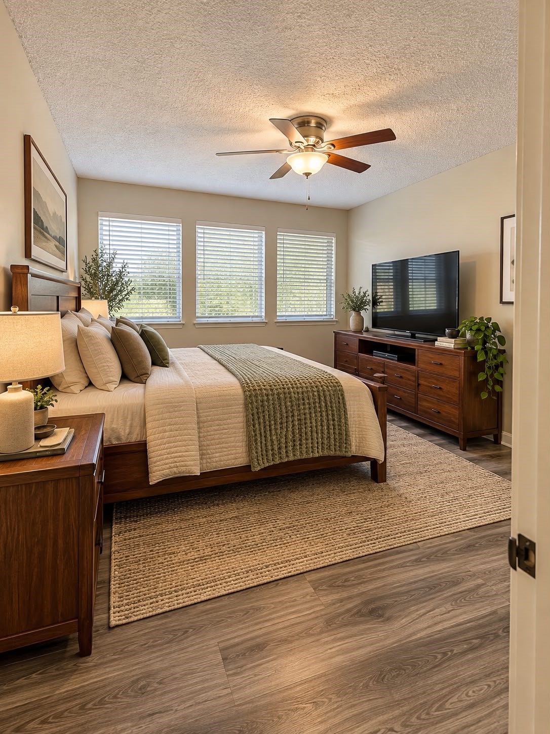 Comfortable bedroom with warm wood flooring, ceiling fan, multiple windows, and generous natural light. Comfortable bedroom with warm wood flooring, ceiling fan, multiple windows, and generous natural light.