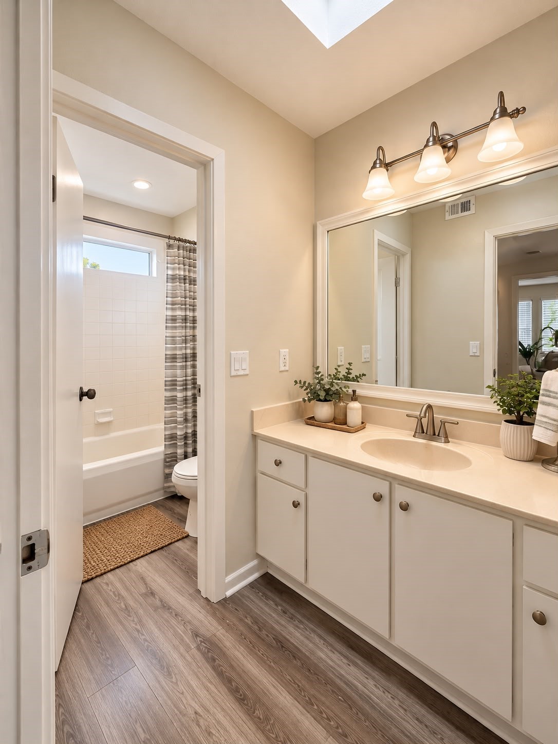 Spacious bathroom featuring a long vanity, ample cabinet storage, a large mirror, and a tub/shower combination.