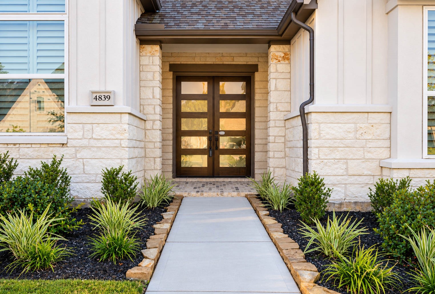 Elegant entryway with a modern double glass-paneled door, surrounded by neatly landscaped greenery and stone accents. Gutters installed. Elegant entryway with a modern double glass-paneled door, surrounded by neatly landscaped greenery and stone accents. Gutters installed.