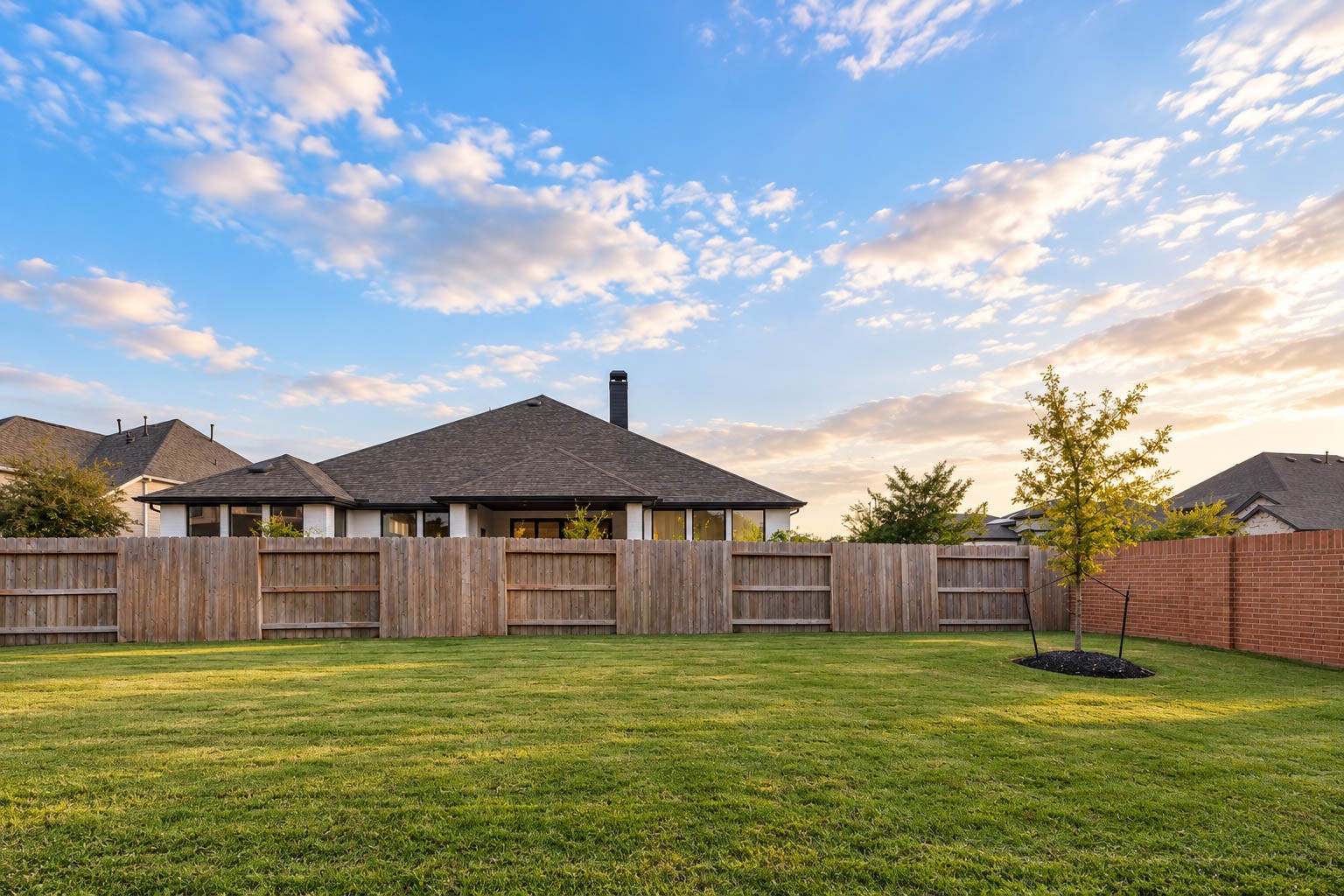 Expansive backyard with lush green lawn, bordered by a wooden fence and enhanced by a young tree, perfect for outdoor activities and relaxation.
