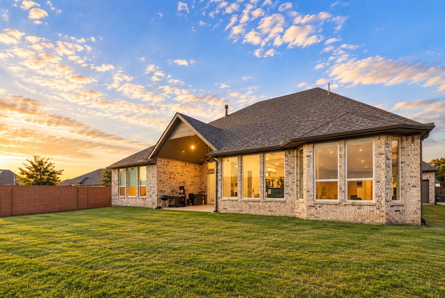 Experience serene living in this modern brick home featuring expansive windows that flood the interior with natural light. The spacious backyard is perfect for outdoor activities, while the covered patio offers a cozy spot for relaxation.