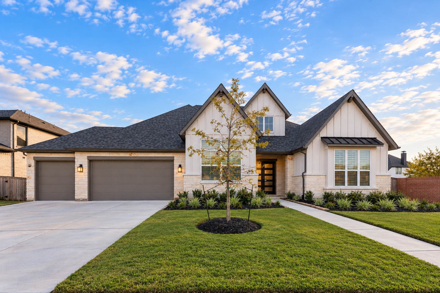 Charming modern farmhouse with a spacious three-car garage, beautifully landscaped front yard, and inviting entryway, perfect for comfortable living.