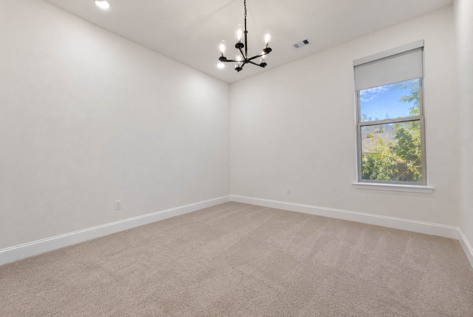 Bright and inviting flex room featuring modern lighting, soft carpet, and a large window with a serene view.