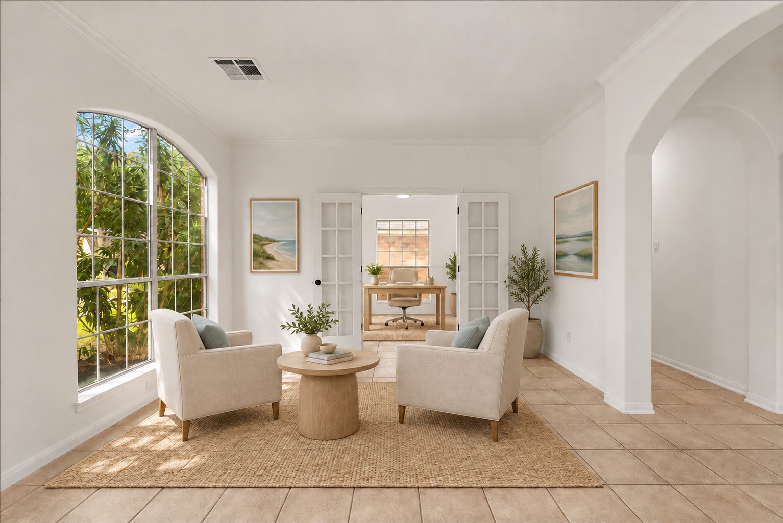 Formal living room with French doors opening to a private study/bedroom. Virtually staged.