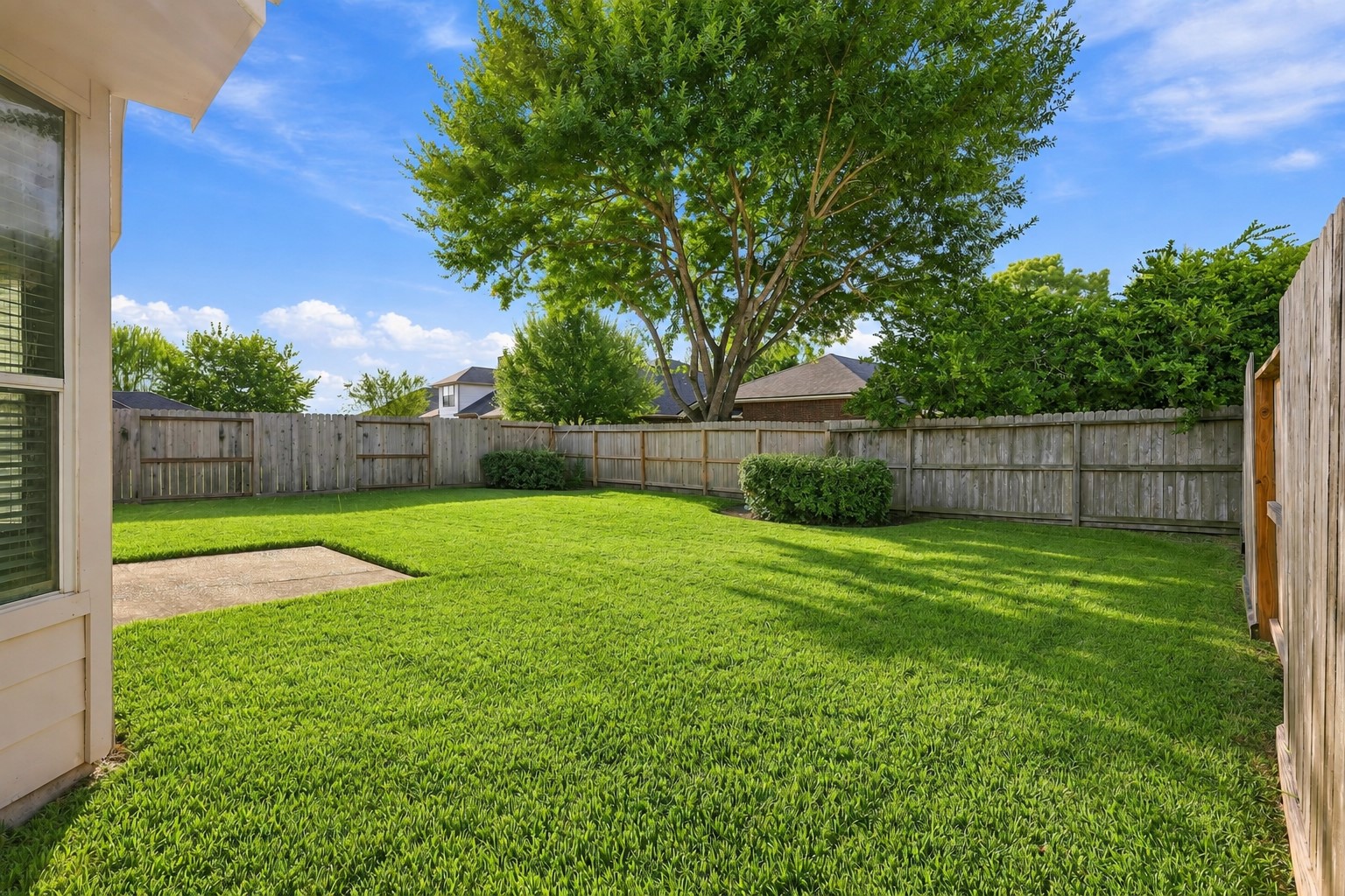 Enjoy the outdoors in this spacious fenced backyard featuring a lush green lawn, mature shade tree, and plenty of room for pets, play, gardening, or outdoor gatherings. A peaceful private setting to relax and enjoy the Texas sunshine.  Full sprinkler system for easy upkeep!