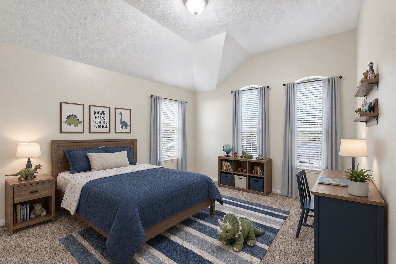 Charming secondary bedroom designed as a cozy and inviting retreat, featuring plush carpeting, ample natural light from multiple windows, and a generous layout. Soft neutral tones and carefully chosen finishes create a comfortable space for relaxing, studying, or unwinding. Each guest bedroom showcases its own unique style, ensuring no two are alike. **Virtually Staged**