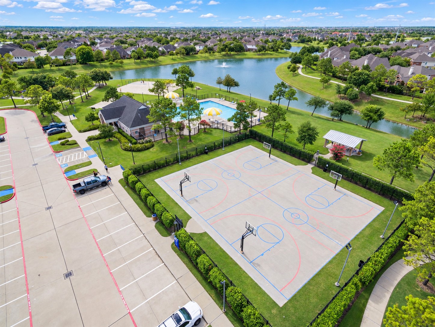 Shadow Creek Ranch offers more than 150 acres of recreational facilities, giving residents countless opportunities for fun. The community features neighborhood parks, playgrounds, a water park, and two recreation centers. In one photo, you can see the playground, volleyball and basketball courts, and a swimming pool.