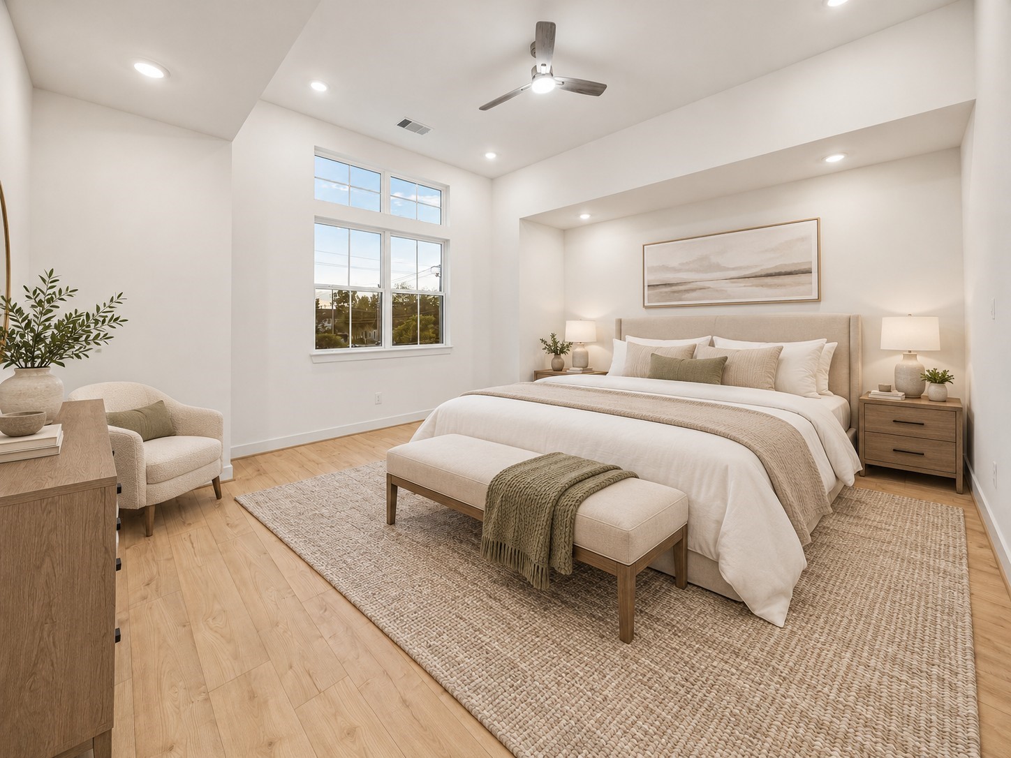 Digitally staged spacious primary suite featuring high ceilings, oversized windows, and plenty of room for a king-sized bed and additional furniture.