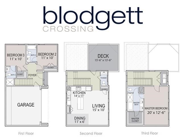 Spacious three-story layout featuring a two-car garage, three bedrooms, and two and a half bathrooms. The second floor offers an open-concept kitchen, dining, and living area with access to a sizable deck. The third floor is dedicated to a luxurious master suite, complete with a master bath and walk-in closet.