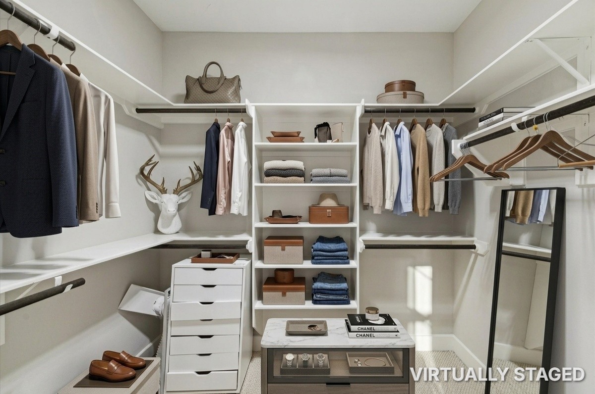 Spacious walk-in closet with ample hanging space, organized shelving, and a stylish neutral palette, ideal for maximizing storage and style.