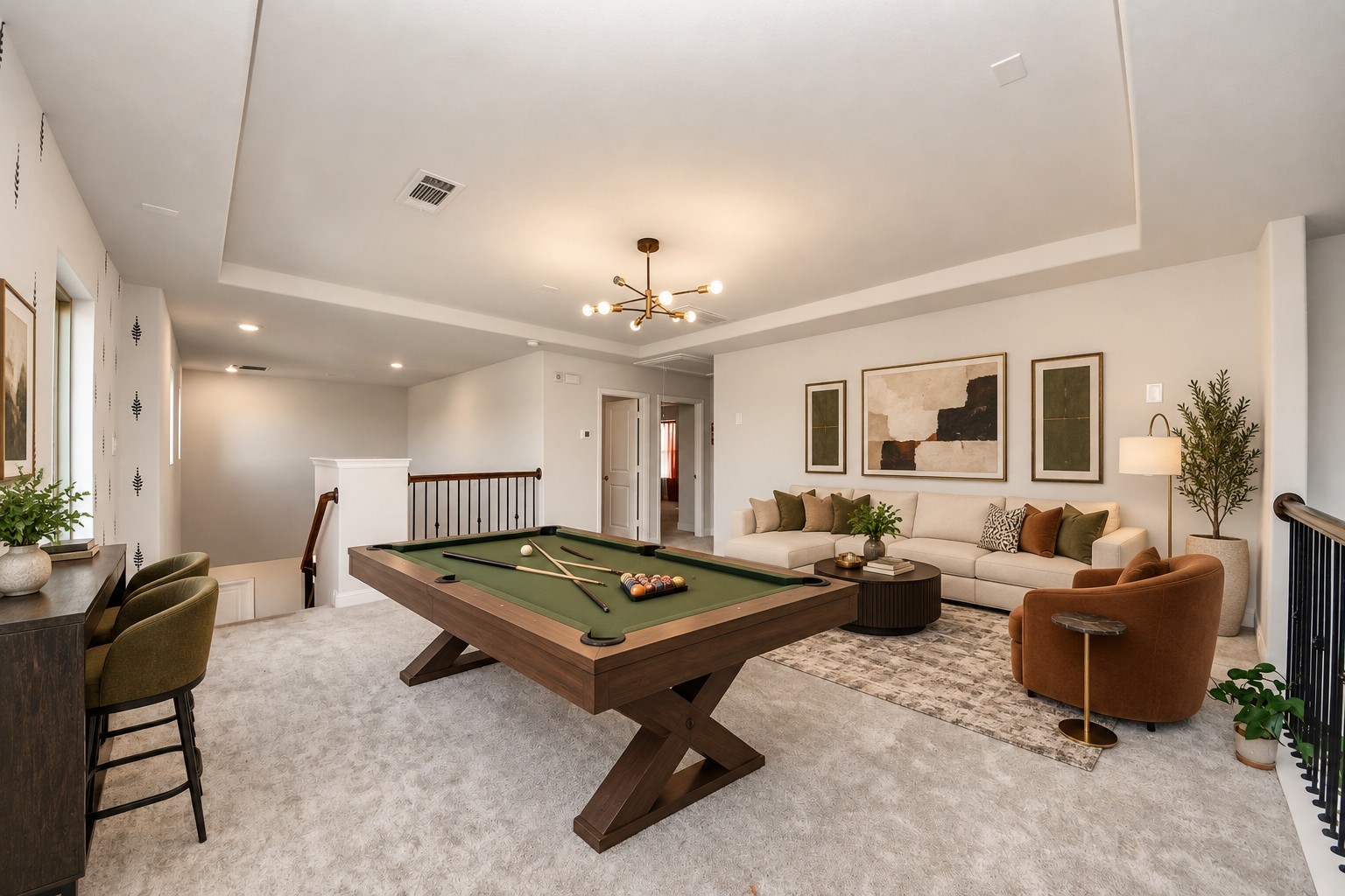 Virtually staged game room.