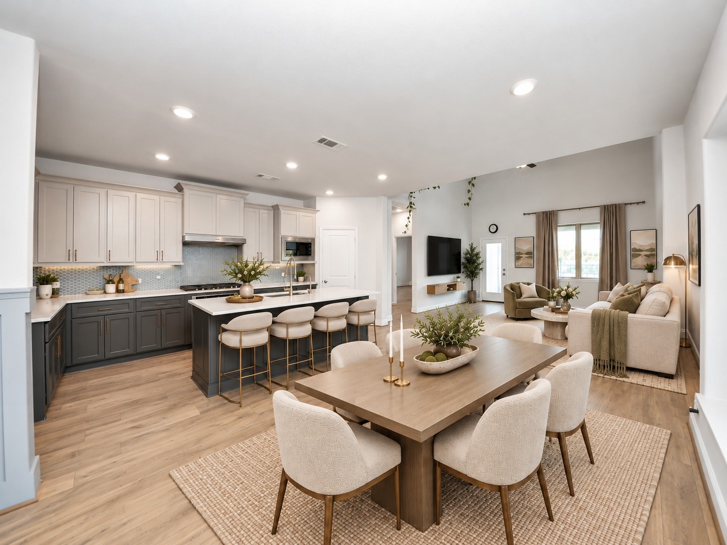 Virtually staged kitchen-dining combo.