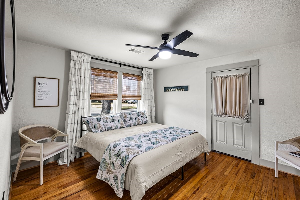 Spacious primary suite in a beautifully remodeled Galveston home.
