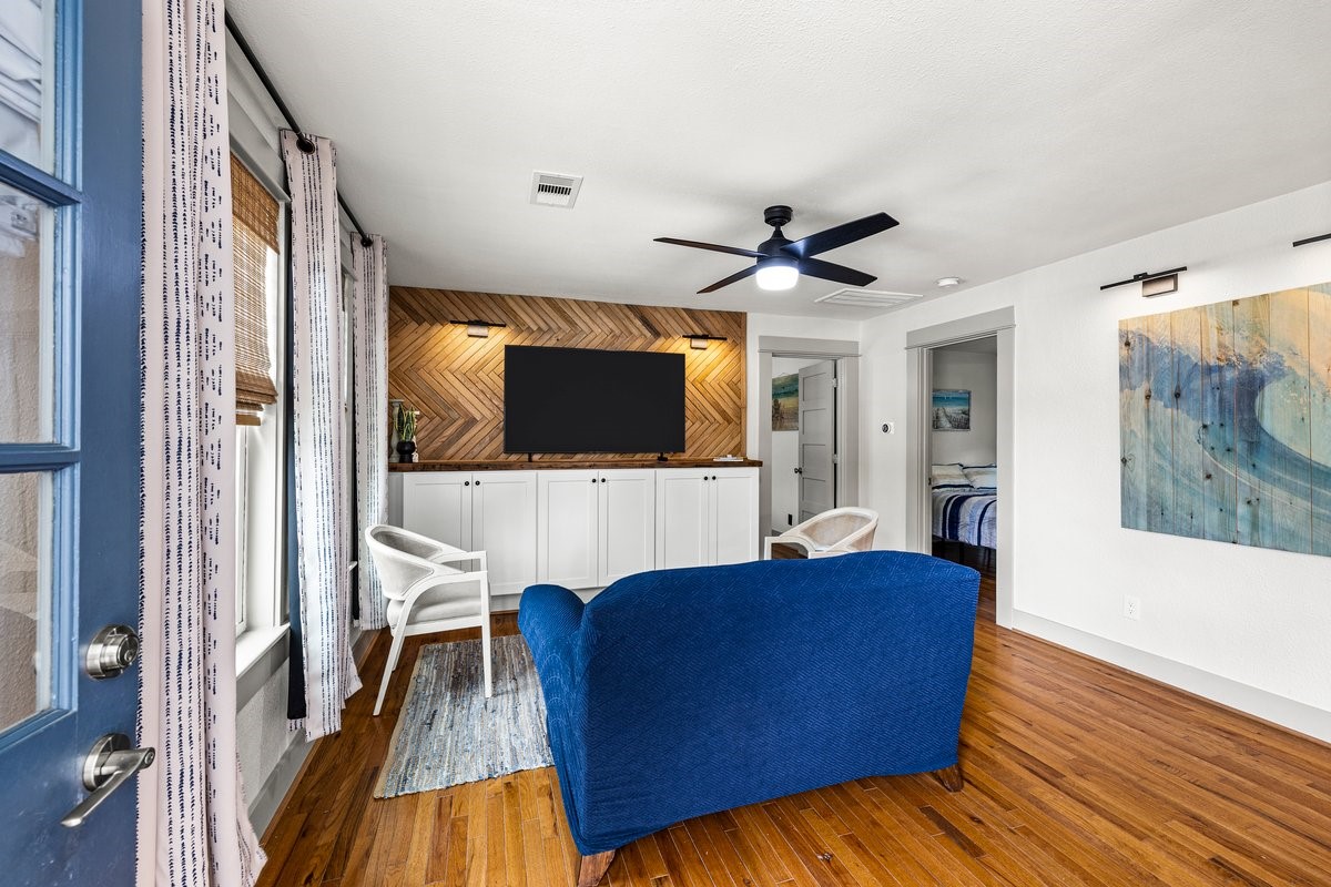 Bright, open living space in a fully remodeled Galveston home for sale.