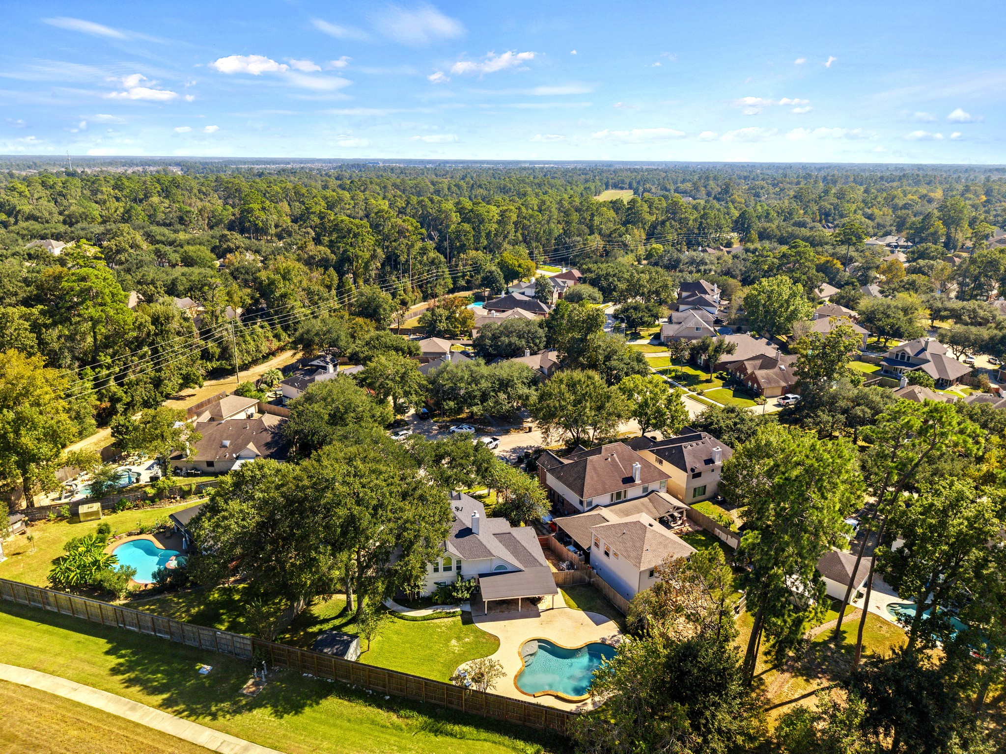 Aerial view of the home and backyard.