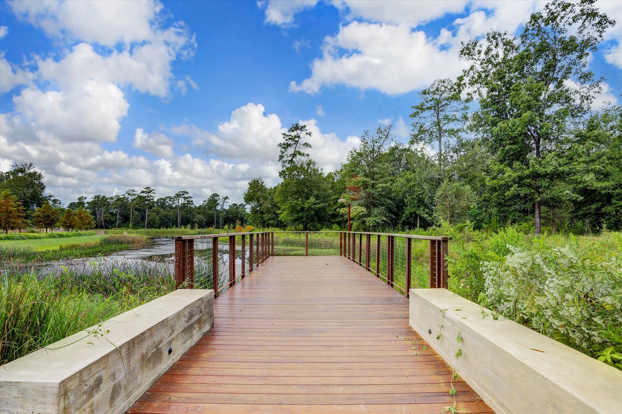 Wooden pedestrian bridge overlooking preserved green space and water features, offering a peaceful connection to miles of nearby walking trails.