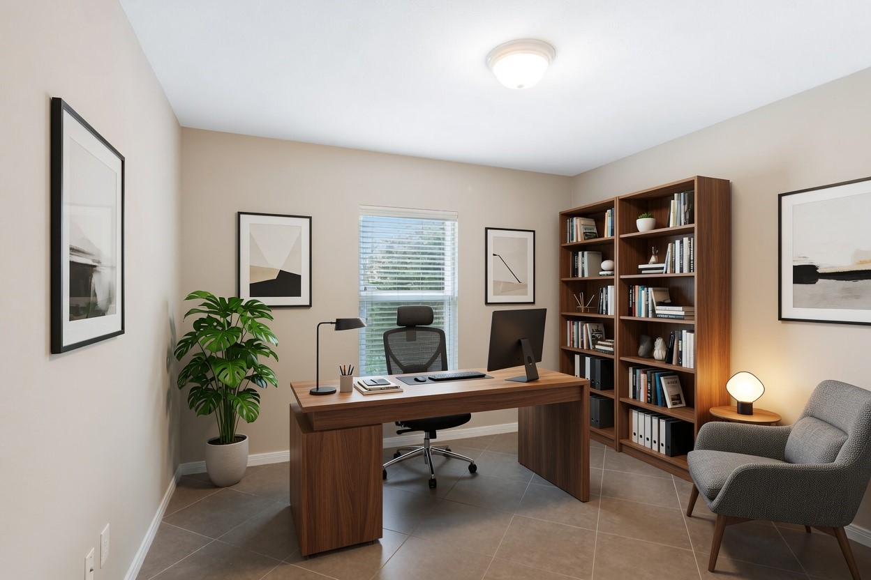 VIRTUALLY STAGED 1st level bedroom/office, end unit with an abundance of natural light