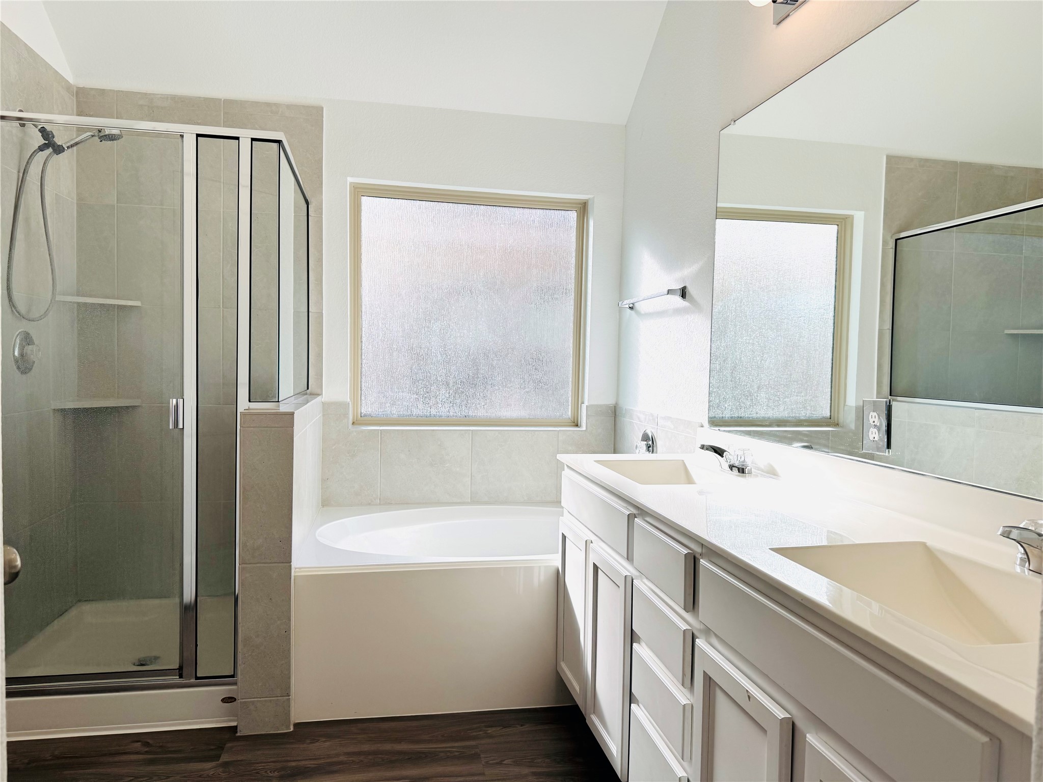 Primary bath with double vanities, separate tub & shower