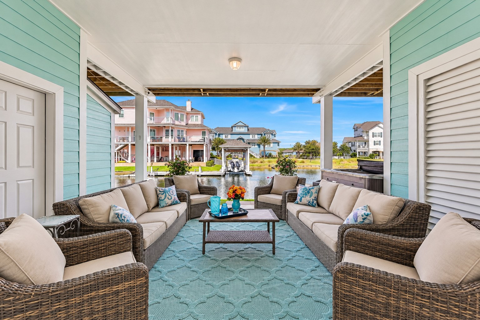 An expansive covered dockside patio, outdoor shower, and Sunbelt 8-person hot tub  designed for the way people actually live on the water. Watch the boats go by. Listen to the fish jump. Stay a while.
