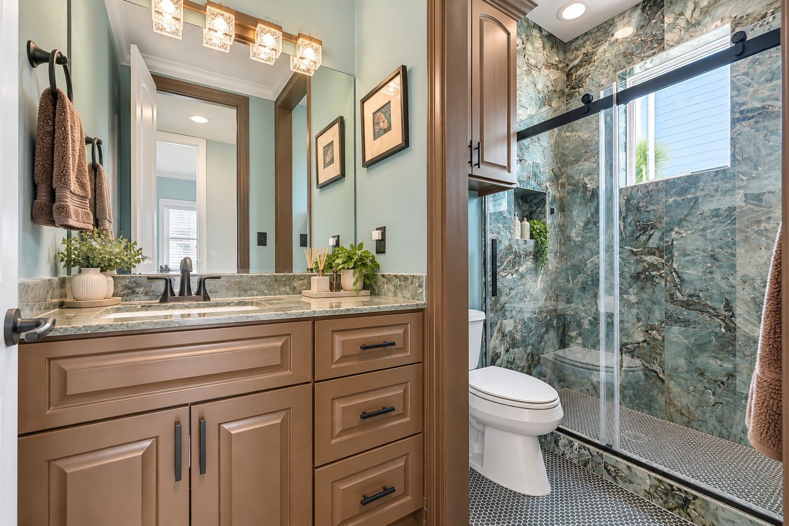 Crisp, clean, and completely updated. The main level guest bath features custom tile work, updated fixtures, and the same attention to detail that defines every space in this home. Every guest who stays here will feel like they are in a boutique hotel.