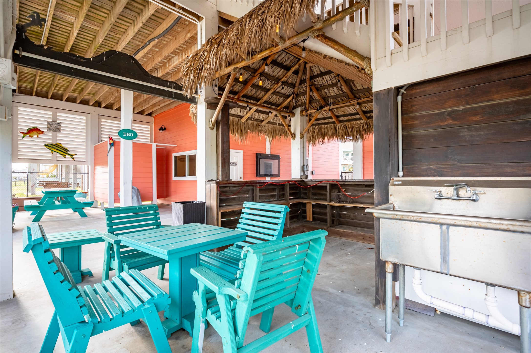 Tiki bar area with stainless steel sink