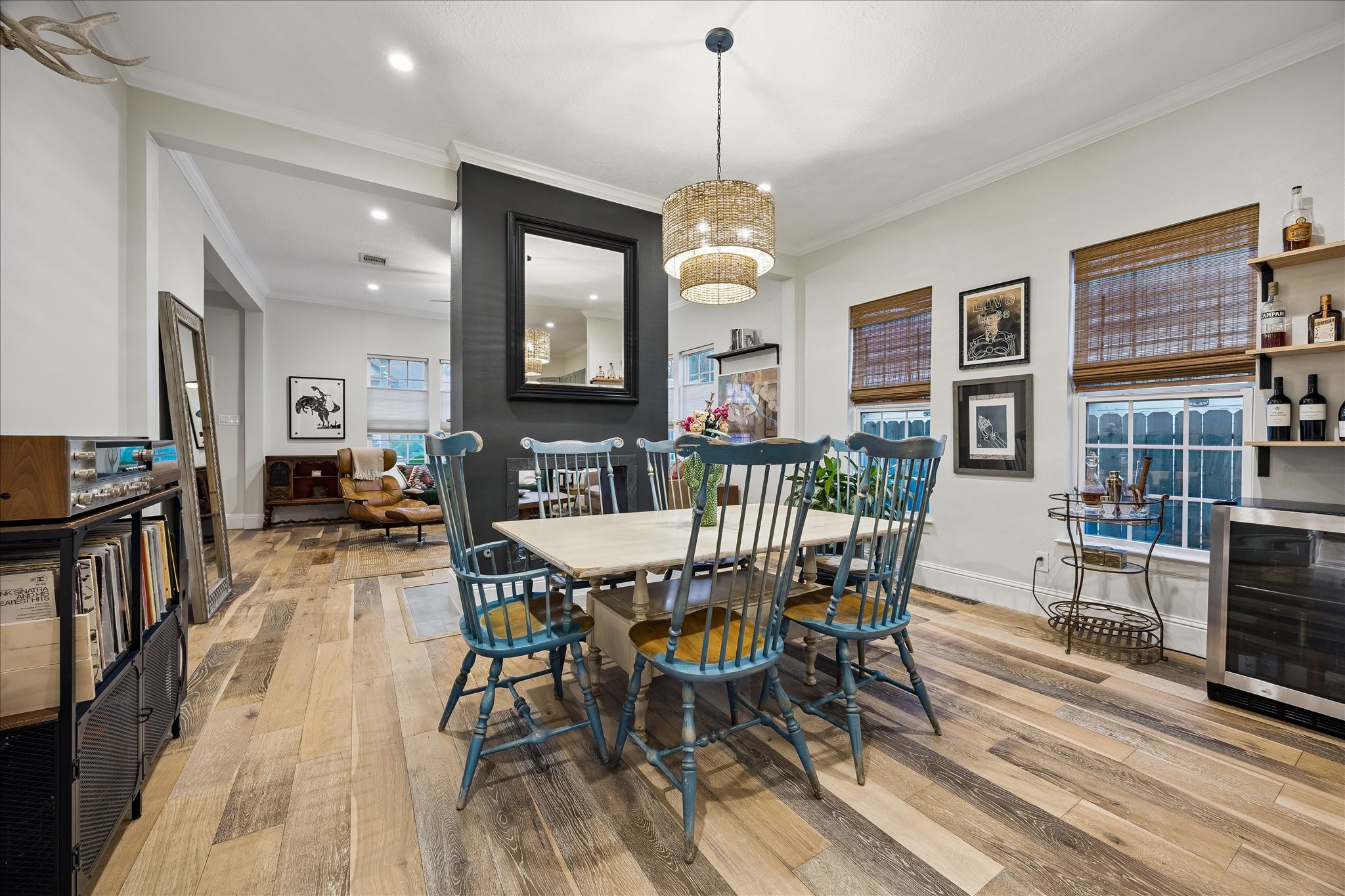 Dining space just off the kitchen with the double sided fireplace